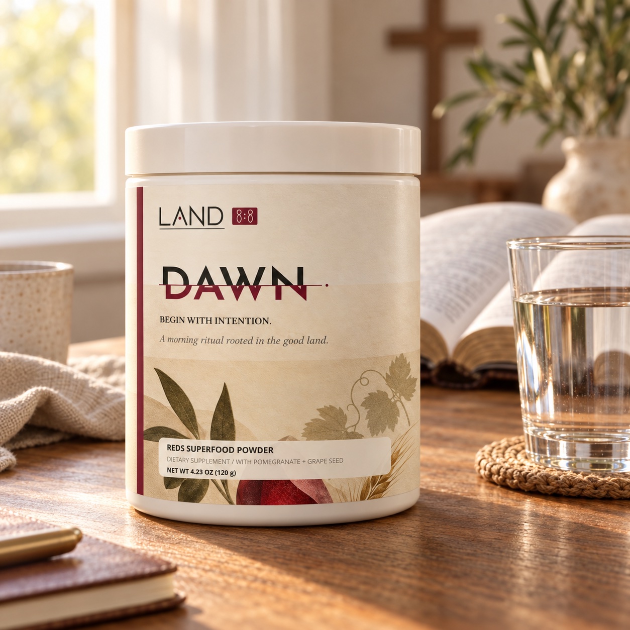 DAWN powder beside water and an open Bible