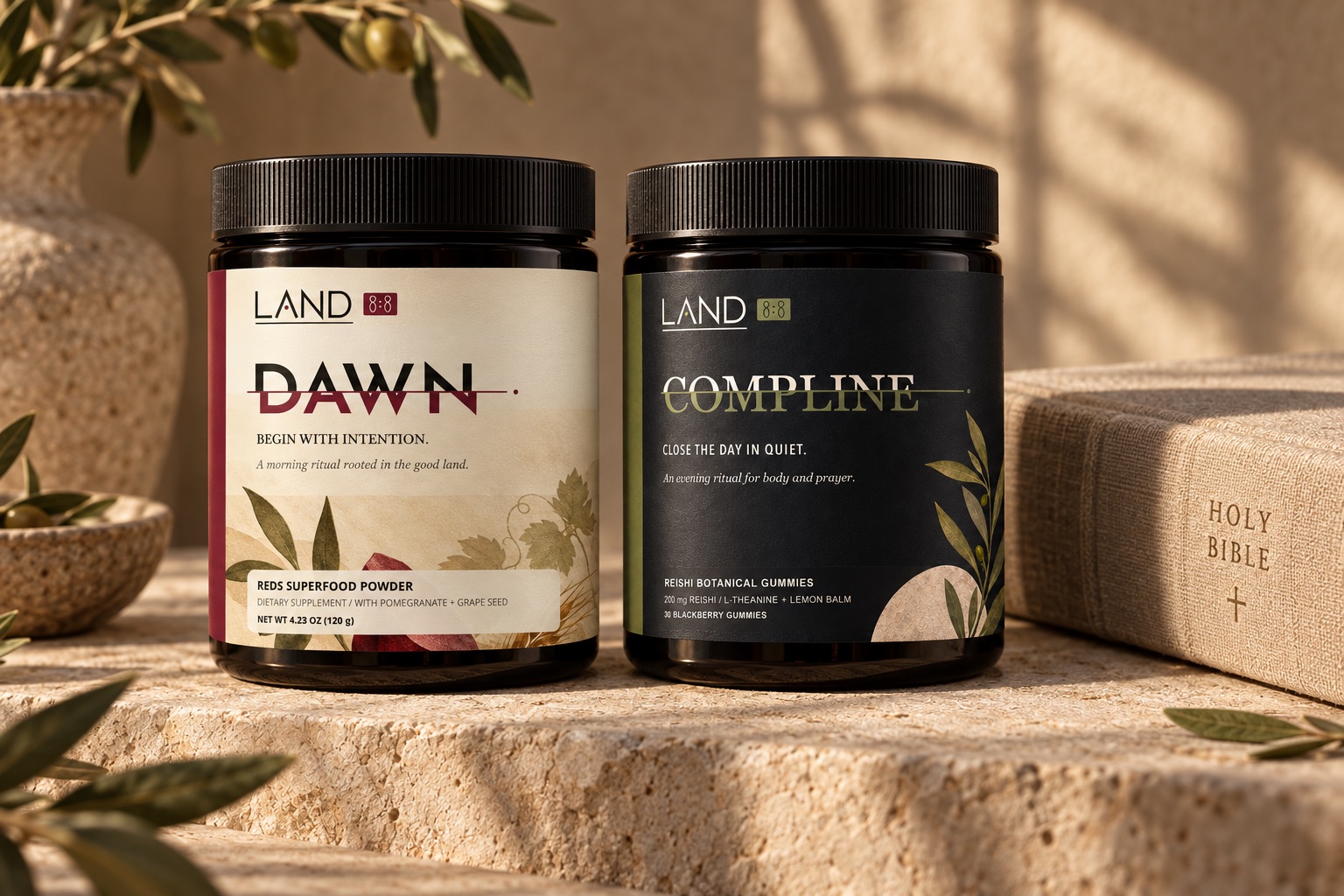 DAWN morning powder and COMPLINE evening gummies